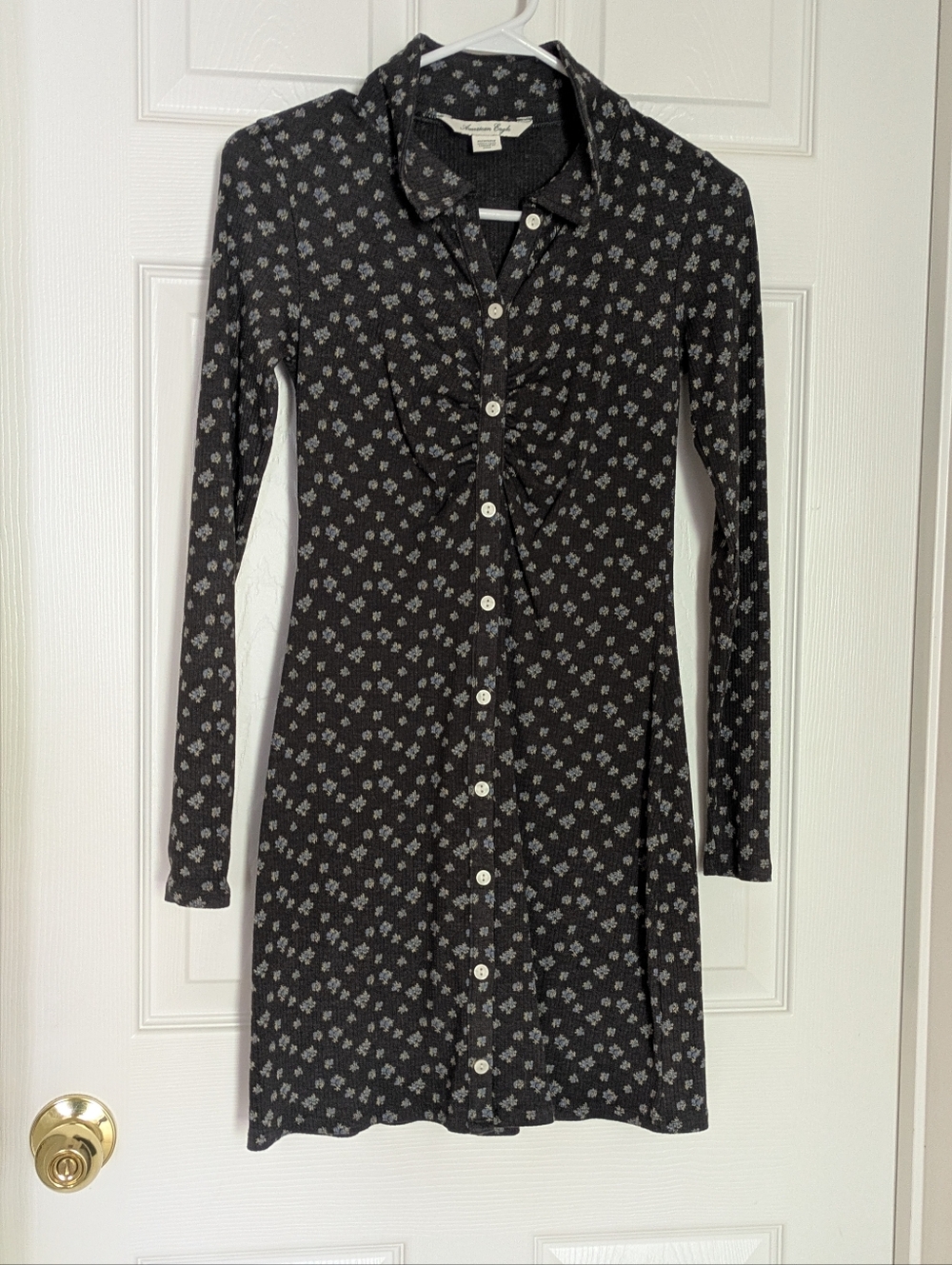 American Eagle Ruched Knit Button-Front Mini Dress XS Blue Floral